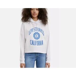 Levis Sam Cropped Crest Logo Hooded Sweatshirt-X Large-Fleece Lined-White-NEW